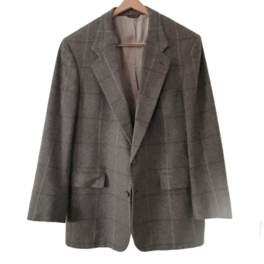 BILL BLASS 100% Camel Hair blazer sport coat Olive Green Plaid Size 46L